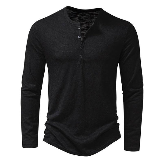 Mens Clothing Long Sleeve T-shirt Fashion Button Henry Collar Tops - Here2Save
