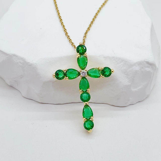 Fashion Jewelry Micro Inlay Colorful Zircon Water Drops Cross Necklace - Here2Save