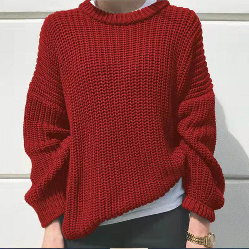 Women's Fashion Casual Simple Thick Needle Long Sleeve Round Neck Loose Knitted Pullover Sweater - Here2Save