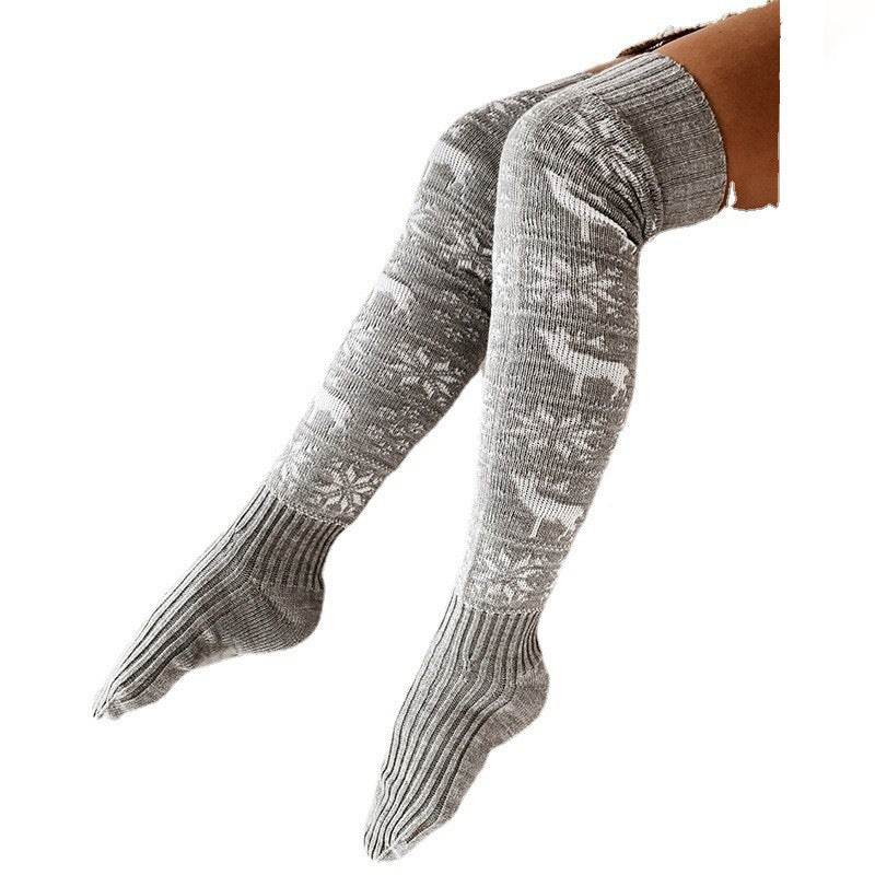 Winter Christmas Warm Knitted Women Stocking Beautiful Elk Snowflake Jacquard Over-the-knee Casual Long Socks For Ladies Gifts Free Size - Here2Save