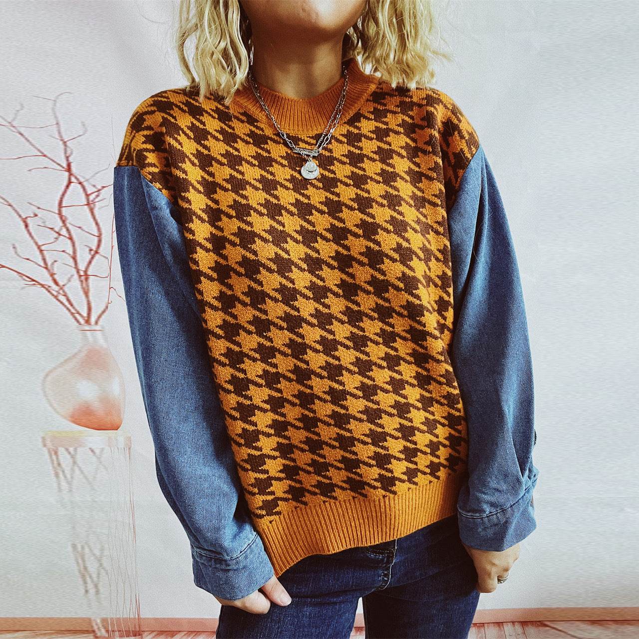 Women's Denim Sleeve Stitching Houndstooth Round Neck Long Sleeve Sweater - Here2Save