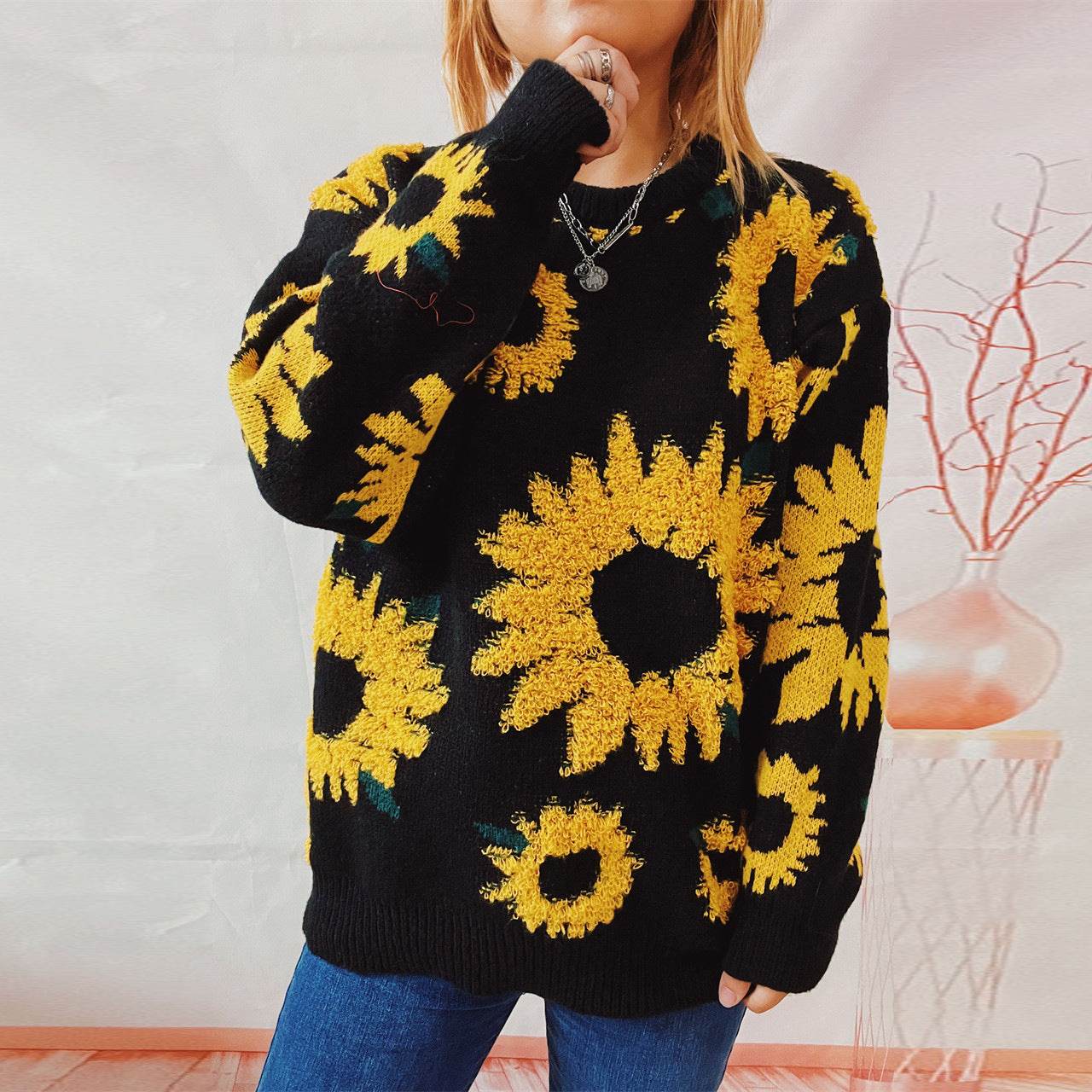 Women's Fashion Casual Sunflower Jacquard Round Neck Long Sleeve Sweater - Here2Save