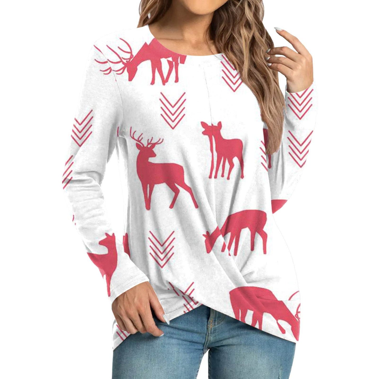 Women's Fashion Casual Christmas Element Printing Round Neck Long Sleeve Top - Here2Save