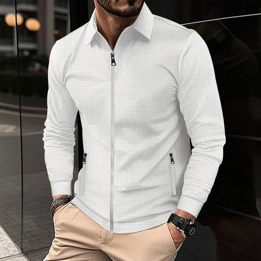 Waffle Lapel Zipper Jacket Long Sleeve Outer Clothing Autumn Spring - Here2Save