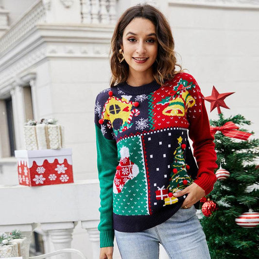 Women's Christmas Tree Snowflake Knitted Sweaters Long Sleeve Crew Neck Embroidery Pullover Knitwear Winter Tops Clothes - Here2Save
