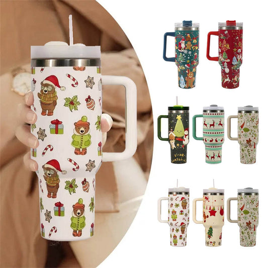 New Christmas Pattern Mug With Handle Lid Straw Drinkware Stainless Steel Vacuum Tumbler Large Capacity Car Travel Coffee Cup - Here2Save