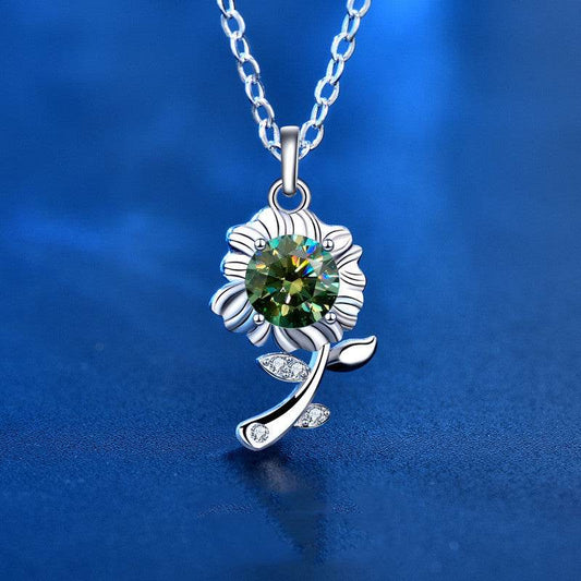 Sterling Silver Necklace Green Moissanite Sunflower Flower Pendant - Here2Save