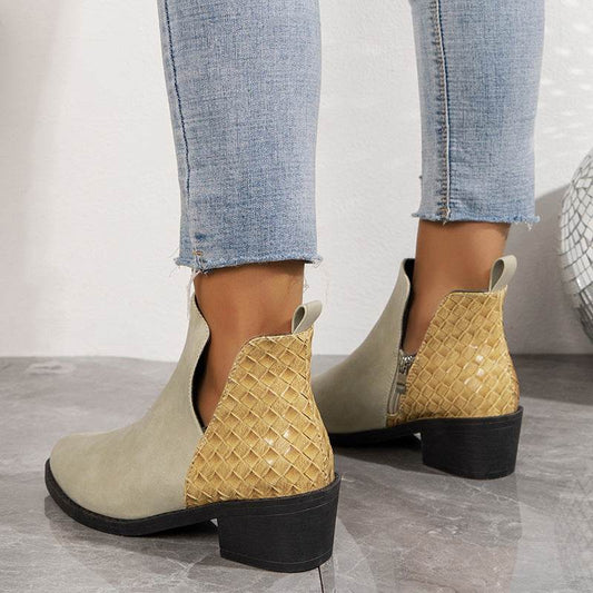 Fashion V-cut Side Zipper Boots Printed Square Heel Ankle Boots Pionted Toe Autumn Winter Shoes For Women - Here2Save