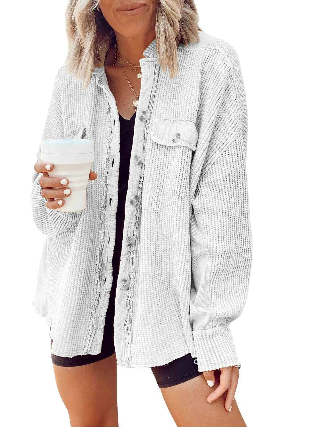 Button Shirt Jacket Women Lapel Long Sleeve Blouse Fashion Jacket Tops - Here2Save