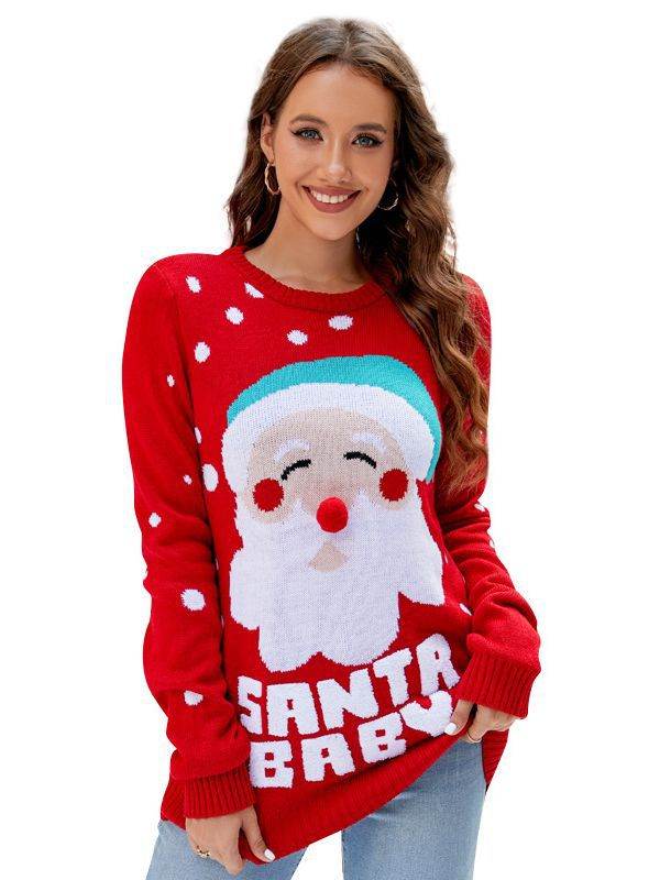 Women's Tops Santa Pullover Sweater Autumn And Winter Letter Embroidery Christmas Red Sweaters Long Sleeve Crew Neck Clothes - Here2Save