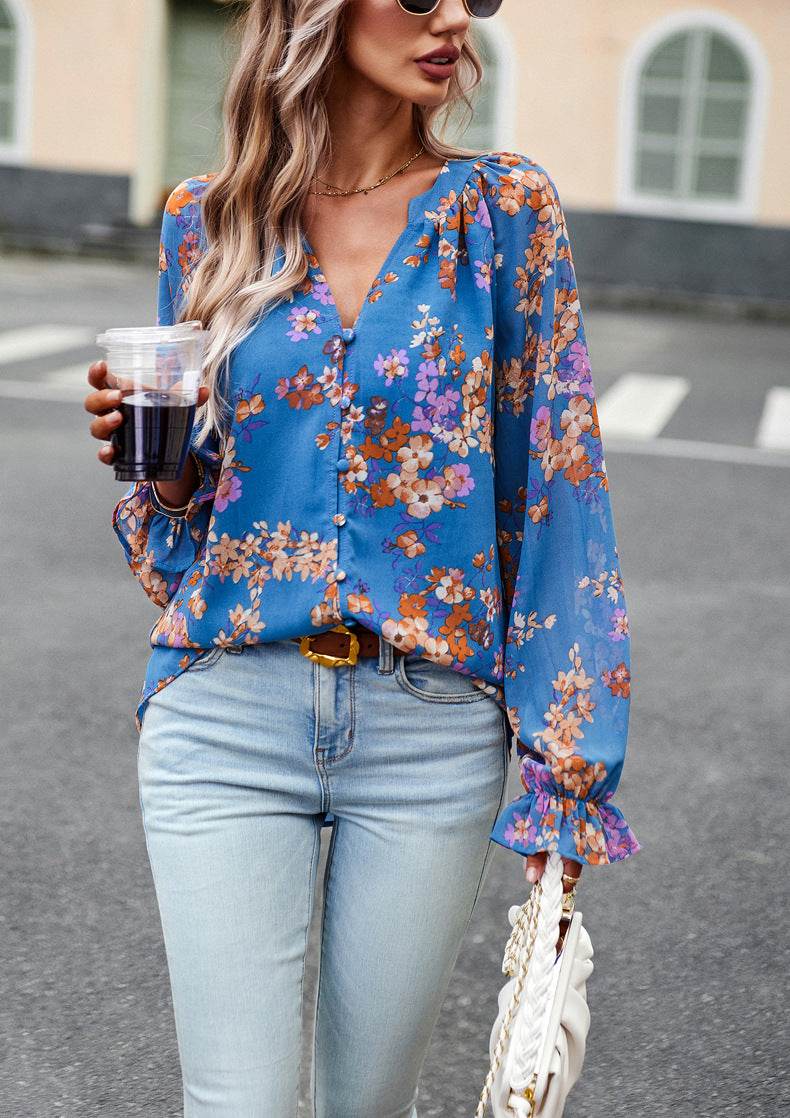 Women's Tops Casual Floral Print V Neck Long Sleeve Shirts Loose Chiffon Blouses Shirts Tops - Here2Save