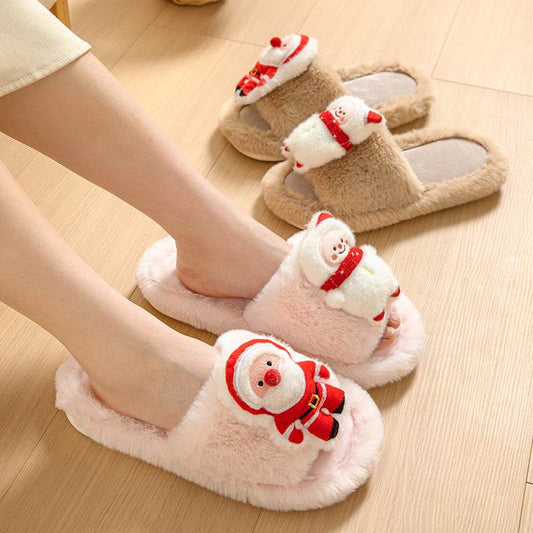 Christmas Shoes Ins Santa Claus Open-toe Cotton Slippers Winter Home Indoor Floor Plush Warm Furry Slippers Women - Here2Save
