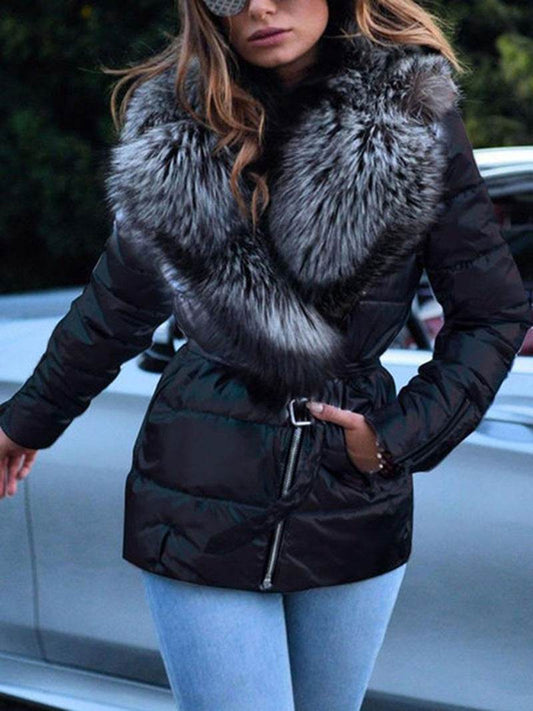 Fashion Winter Cotton Jacket With Big Fur Turndown Collar Silver Black Waterproof Lace Up Coat - Here2Save