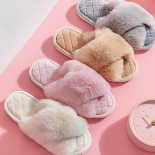 Cross-strap Furry Slippers Warm House Shoes For Women Winter Casual Flip Flops Fluffy Shoes Slides Soft Plush Home Indoor Slippers - Here2Save