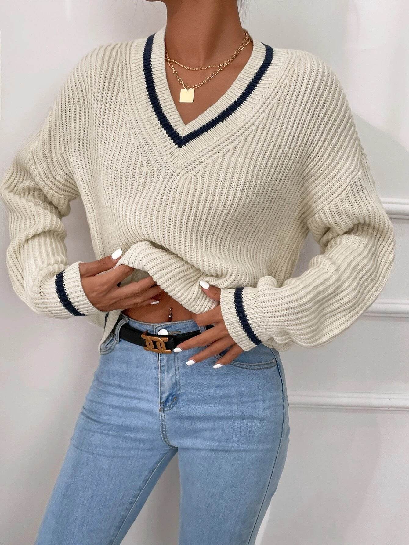 Winter Women's Clothes Cable Knit V Neck Sweaters Casual Long Sleeve Striped Pullover Sweater Trendy Loose Preppy Jumper Top - Here2Save