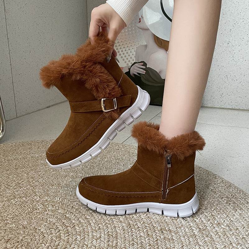 New Snow Boots Winter Warm Thickened Solid Color Plush Ankle Boots With Buckle Design Plus Velvet Flat Shoes For Women - Here2Save