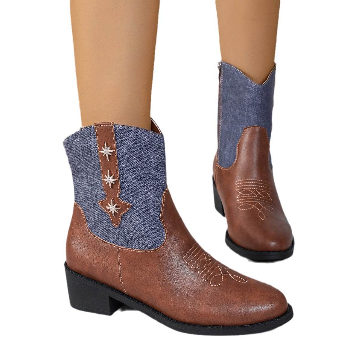 New Denim Patchwork Western Cowboy Boots Women Autumn And Winter Retro Chelsea Boots Pointed Toe Mid-calf Square Heel Shoes - Here2Save
