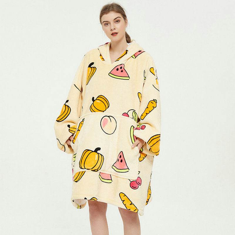 Ovesized Wearable Blanket Hoodie Winter Cute Print Fleece Sleepwaer Warm And Cozy Sofa Homewaer - Here2Save