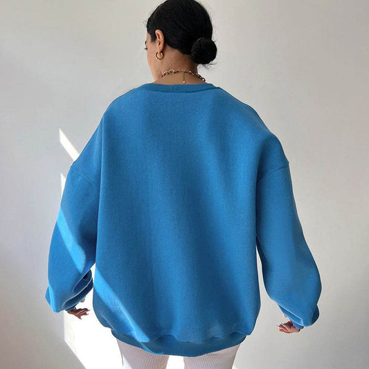 Loose Sweater Women's Casual Round Neck Pullover Tops Solid Color Sports Sweatshirt - Here2Save