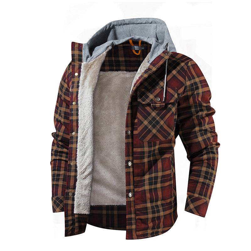 Men Warm Jacket Fleece Lining Lumberjack Plaid Hooded Jackets Snap Button - Here2Save