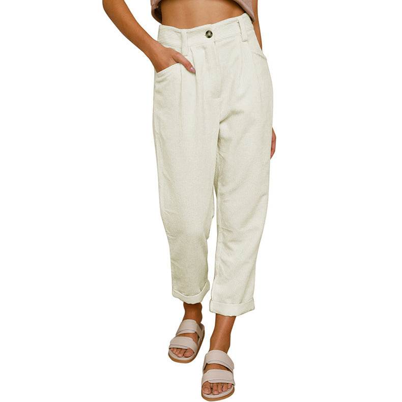 Women's High Waist Casual Pants Corduroy Loose Straight Trousers - Here2Save