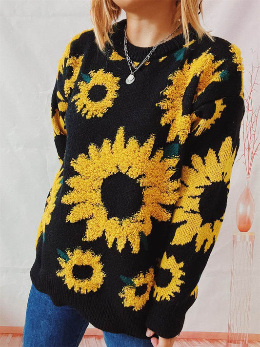Women's Fashion Casual Sunflower Jacquard Round Neck Long Sleeve Sweater - Here2Save
