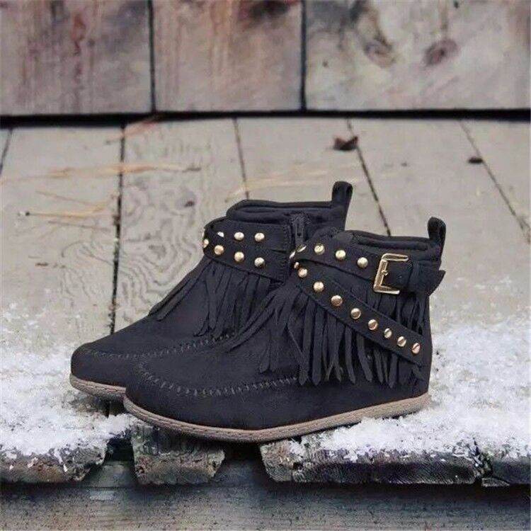 Retro Ankle Boots With Rivet Tassel Flat Shoes Women Winter Boots - Here2Save
