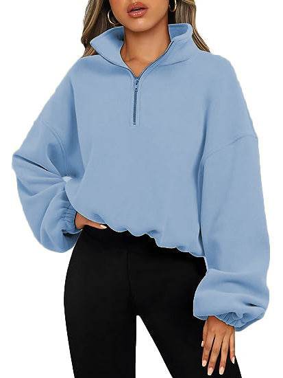 Loose Sport Pullover Hoodie Women Winter Solid Color Zipper Stand Collar Sweatshirt Thick Warm Clothing - Here2Save