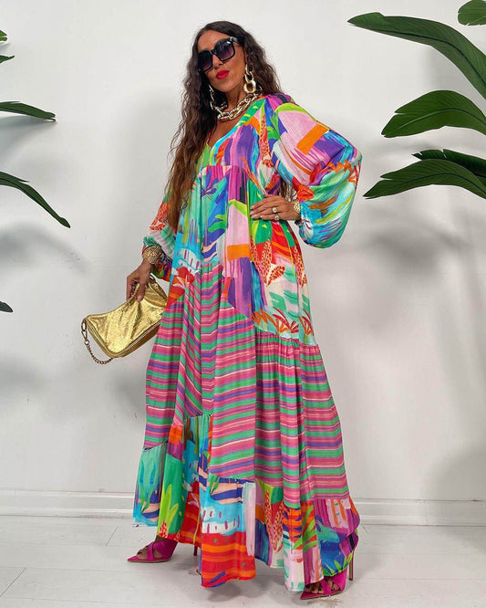 Oversized V-neck Printed Dress Retro French Women - Here2Save