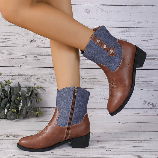 New Denim Patchwork Western Cowboy Boots Women Autumn And Winter Retro Chelsea Boots Pointed Toe Mid-calf Square Heel Shoes - Here2Save