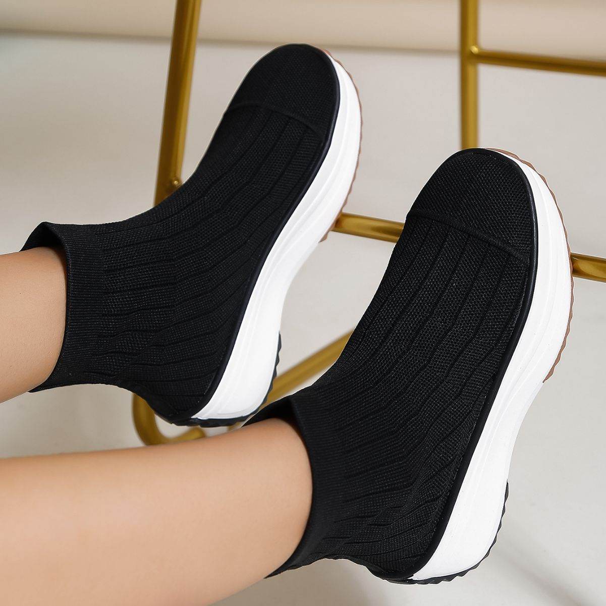 Women's Thick-soled Boots Knitted Round Toe Socks Shoes Casual Breathable Solid Color Flying Knit Ankle Boots - Here2Save