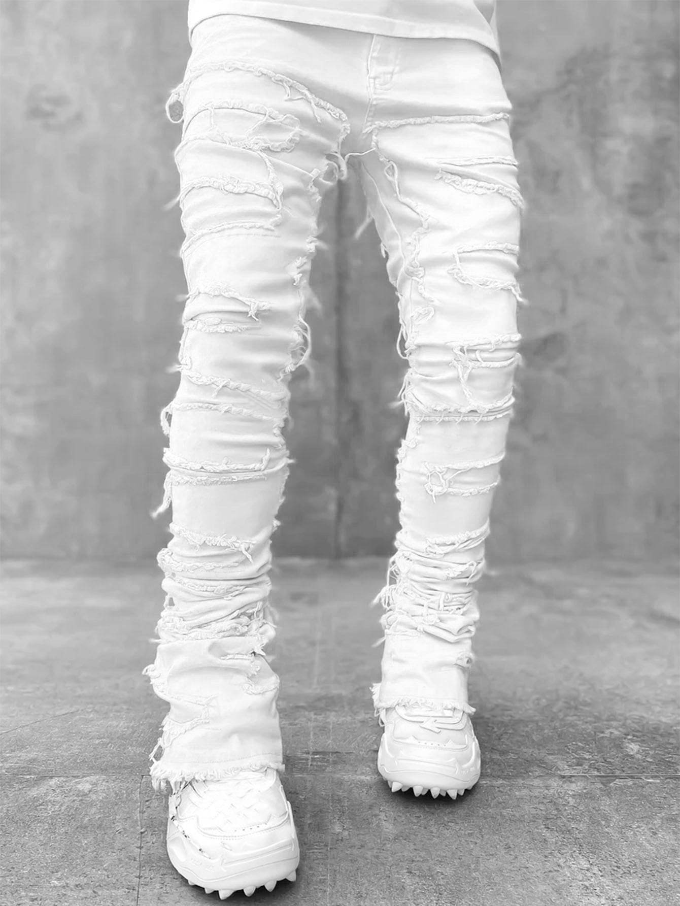 Men Trousers Individual Patched Pants Long Tight Fit Stacked Jeans For Mens Clothing - Here2Save
