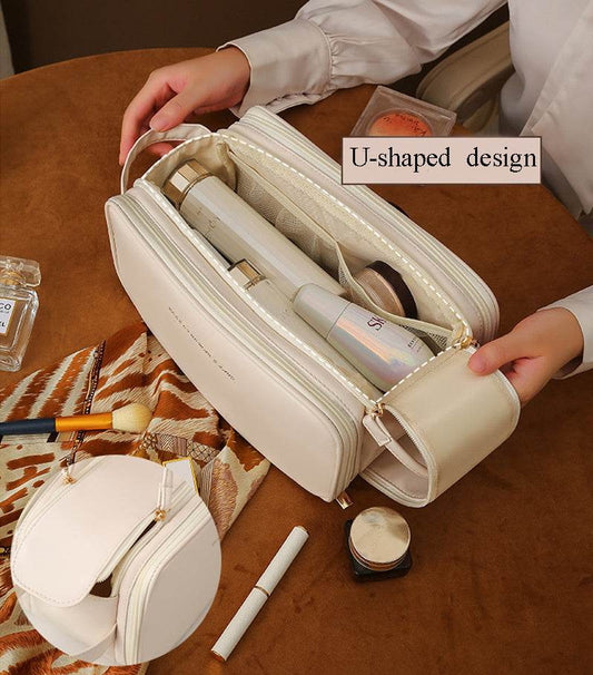 Three-layer Double Zipper U-shaped Design Cosmetic Bag Fashion High Capacity Make Up Bags Portable Pu Leather Storage Bag For Skin Care Products - Here2Save
