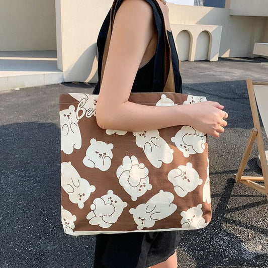 Cute Bear Printed Canvas Bag Women All-match Shoulder Bags Student Large Capacity Daily Handbags - Here2Save