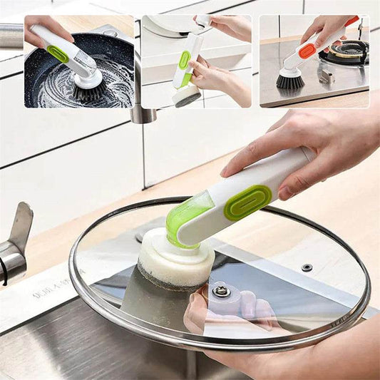Multi-Functional Long-Handle Liquid-Filled Cleaning Brush Washing Up Brushes With Liquid Dispenser Two Replacement Heads For Kitchen Cleaning Brush Gadgets - Here2Save
