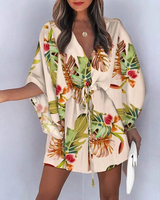 Women's V-Neck Tie Printed Beach Dress - Here2Save