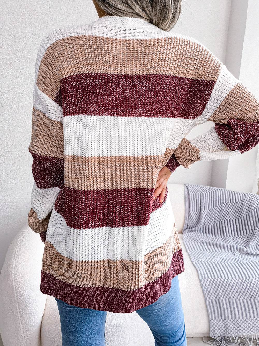 Plaid Sweater Women Casual Lantern Sleeves Cardigan Jacket Outerwear Clothes - Here2Save