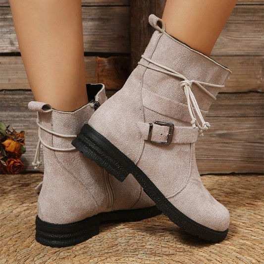 Round Toe Buckle Shoes Casual Retro Boots With Side Zipper Low Heel Outdoor Non Slip Ankle Boots For Women - Here2Save
