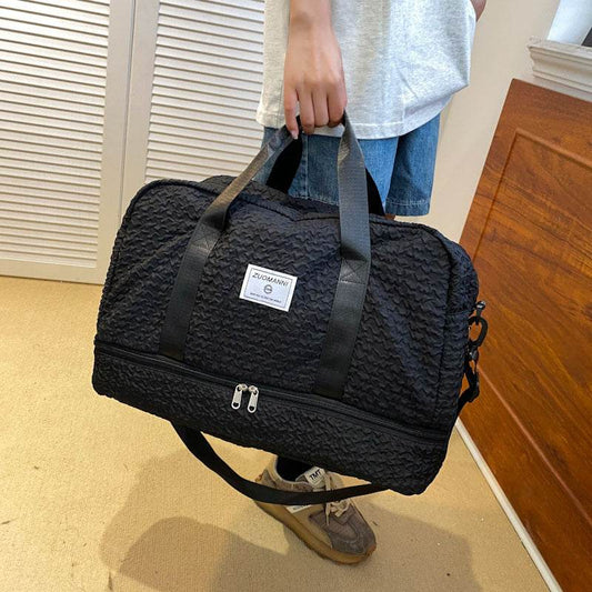 Solid Color Travel Duffle Bag With Ruched Design Portable Luggage Bag Dry And Wet Separation Fitness Gym Shoulder Bag For Weekender Overnight Handbags Women - Here2Save