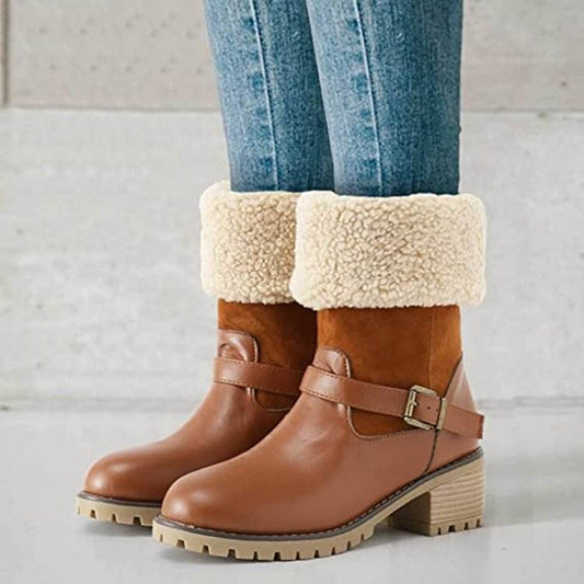 Fashion Boots With Buckle Chunky Heel Shoes Warm Winter Round Toe Western Boots For Women - Here2Save