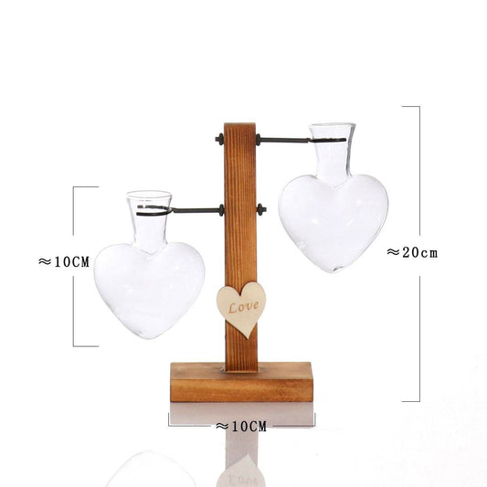 Love Heart Shape Clear Glass Hydroponic Flower Vase Terrarium Wooden Stand Holder Decoratio Glass Tabletop Plant Flower Vase - Here2Save