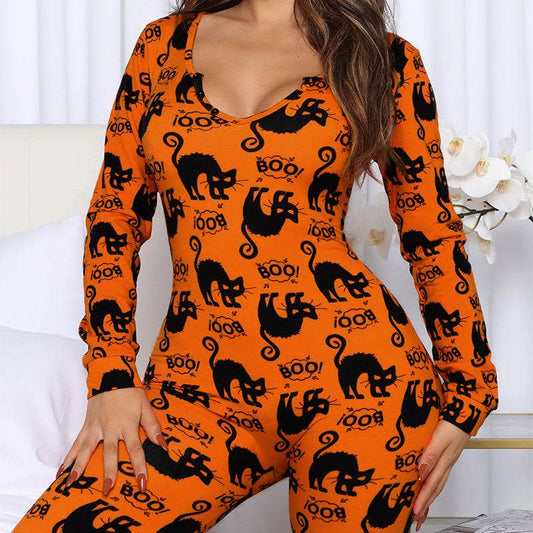Halloween Printed Jumpsuit Long Sleeve Home Pajamas Casual Trousers Women's Cos Clothing - Here2Save