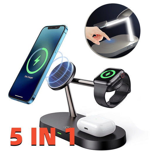 Multifunctional Five-In-One Magnetic Wireless Charging Watch Headset Desktop Mobile Phone Holder Charger 15W Fast Charge - Here2Save