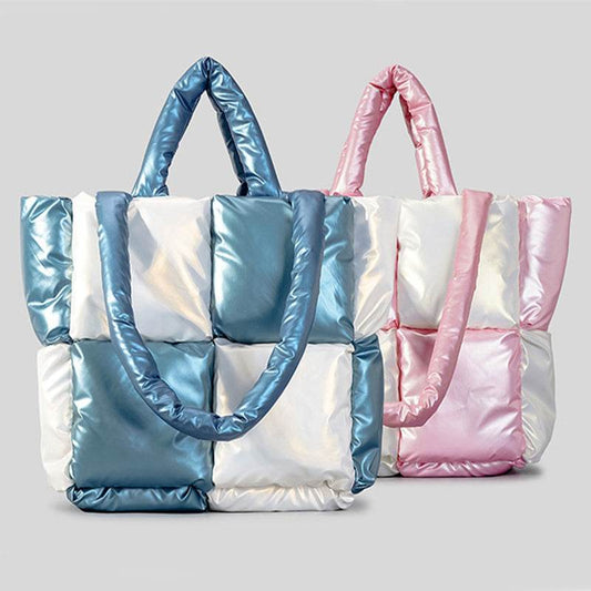 Women Handbags Winter Color Matching Down Cotton-padded Coat Tote Bag Soft Plaid Shoulder Bags - Here2Save