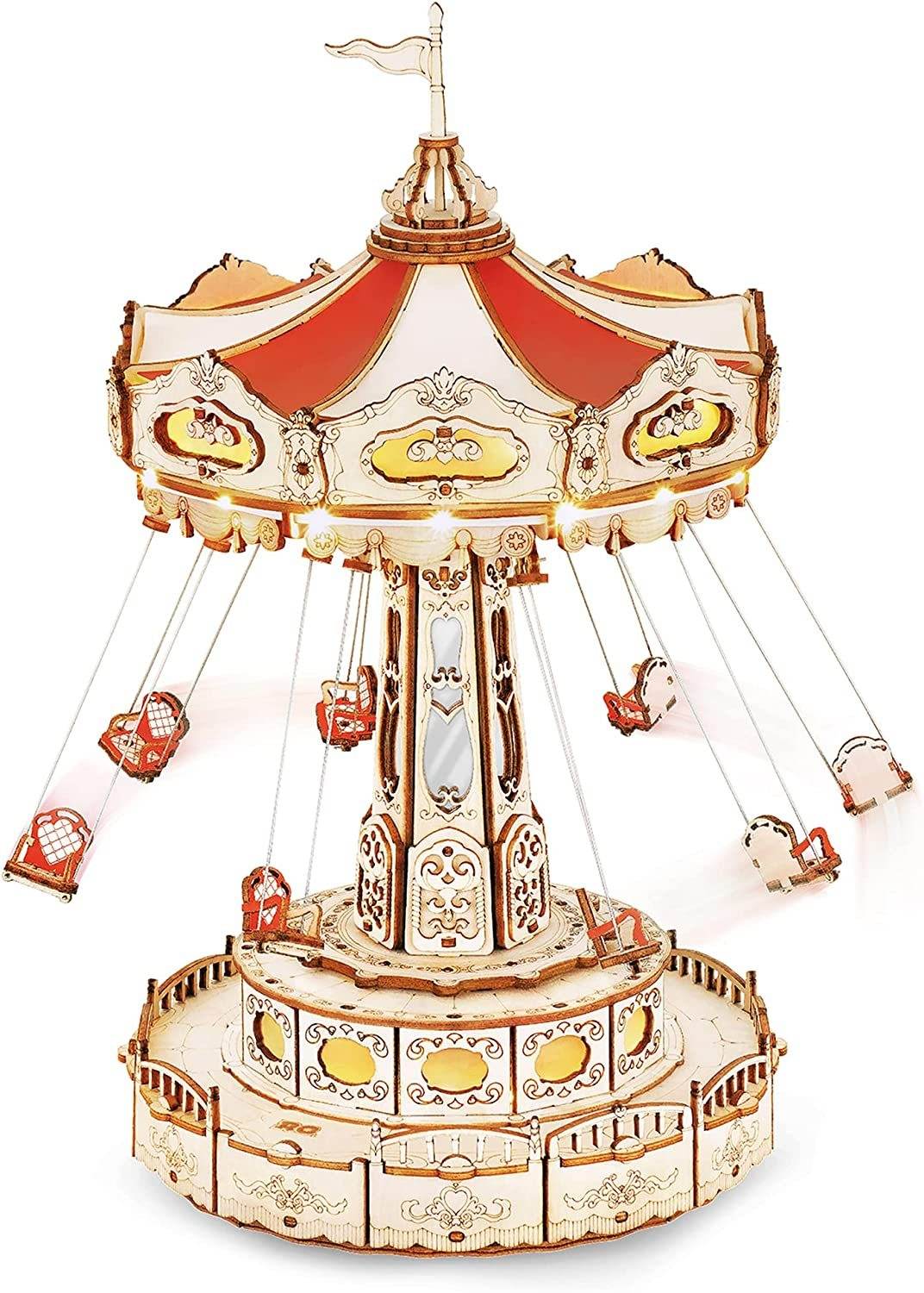 Robotime Rokr Magic Amusement Park Swing Ride 3D Wooden Puzzles Construction Model Kit DIY Music Box Rotating Building Kits - Here2Save