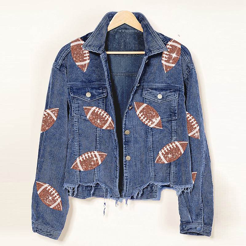 Fashion Corduroy Jacket Fashion Rugby Print Baseball Jacket Autumn And Winter Tops Clothes For Women - Here2Save