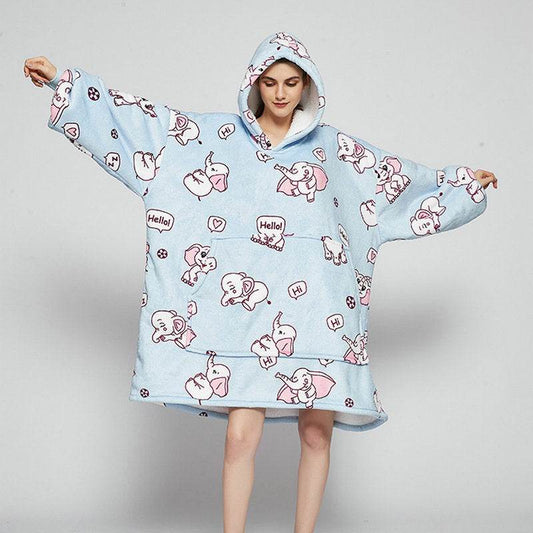 Ovesized Wearable Blanket Hoodie Winter Cute Print Fleece Sleepwaer Warm And Cozy Sofa Homewaer - Here2Save