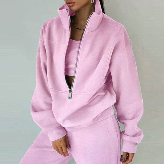 Stand Collar Suit Zip Up Crop Sportswear Long Sleeve Sweatshirt And Trousers For Spring Fall Women's Clothing - Here2Save