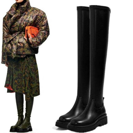 Thick Sole Knee High Boots For Women Chunky Heel Black Long Boots Leather Knight Boots Fashion Winter Shoes - Here2Save
