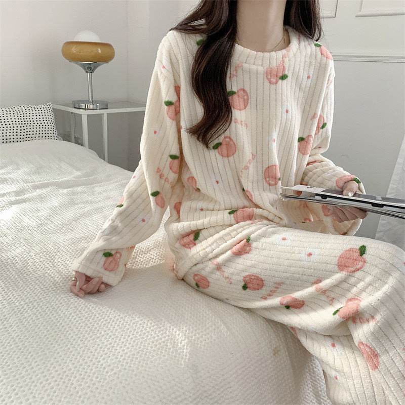 Women's Pajamas Autumn Winter Warm Pyjamas Sets Thick Coral Long Sleeve Cute Cartoon Bear Sleepwear Home Nightclothes - Here2Save